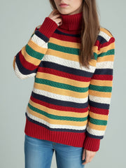 Contrast Stripes Turtleneck Long Sleeve Sweater - Trendsi
