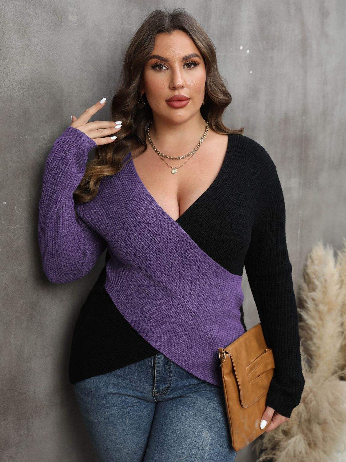 Plus Size Two-Tone Surplice Neck Sweater - Trendsi - Flyclothing LLC