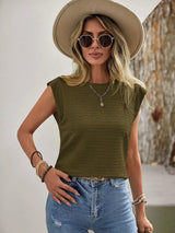 Textured Round Neck Casual Ribbed Top - Trendsi - Flyclothing LLC