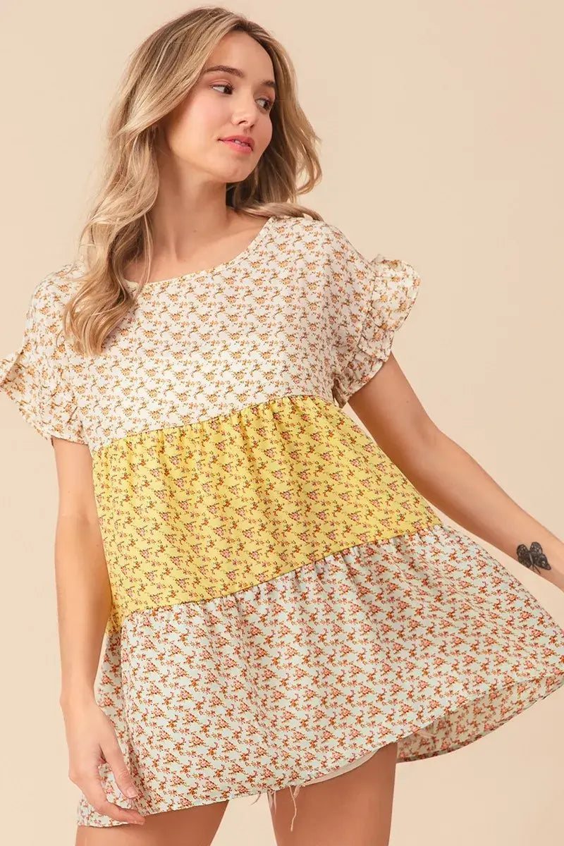 BiBi Flroal Printed Woven Color Block and Tiered Top - Trendsi - Flyclothing LLC