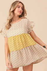 BiBi Flroal Printed Woven Color Block and Tiered Top - Trendsi - Flyclothing LLC