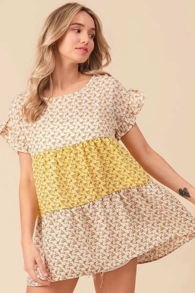 BiBi Flroal Printed Woven Color Block and Tiered Top - Trendsi - Flyclothing LLC