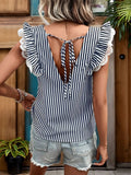 Lace Detail Ruffled Striped V-Neck Cap Sleeve Blouse - Trendsi