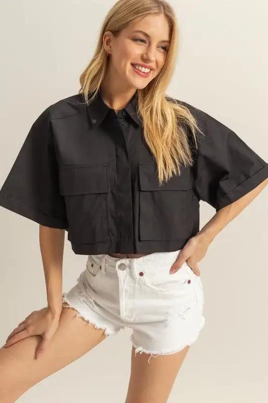 HYFVE Front Pockets Poplin Collared Neck Crop Shirt - Trendsi