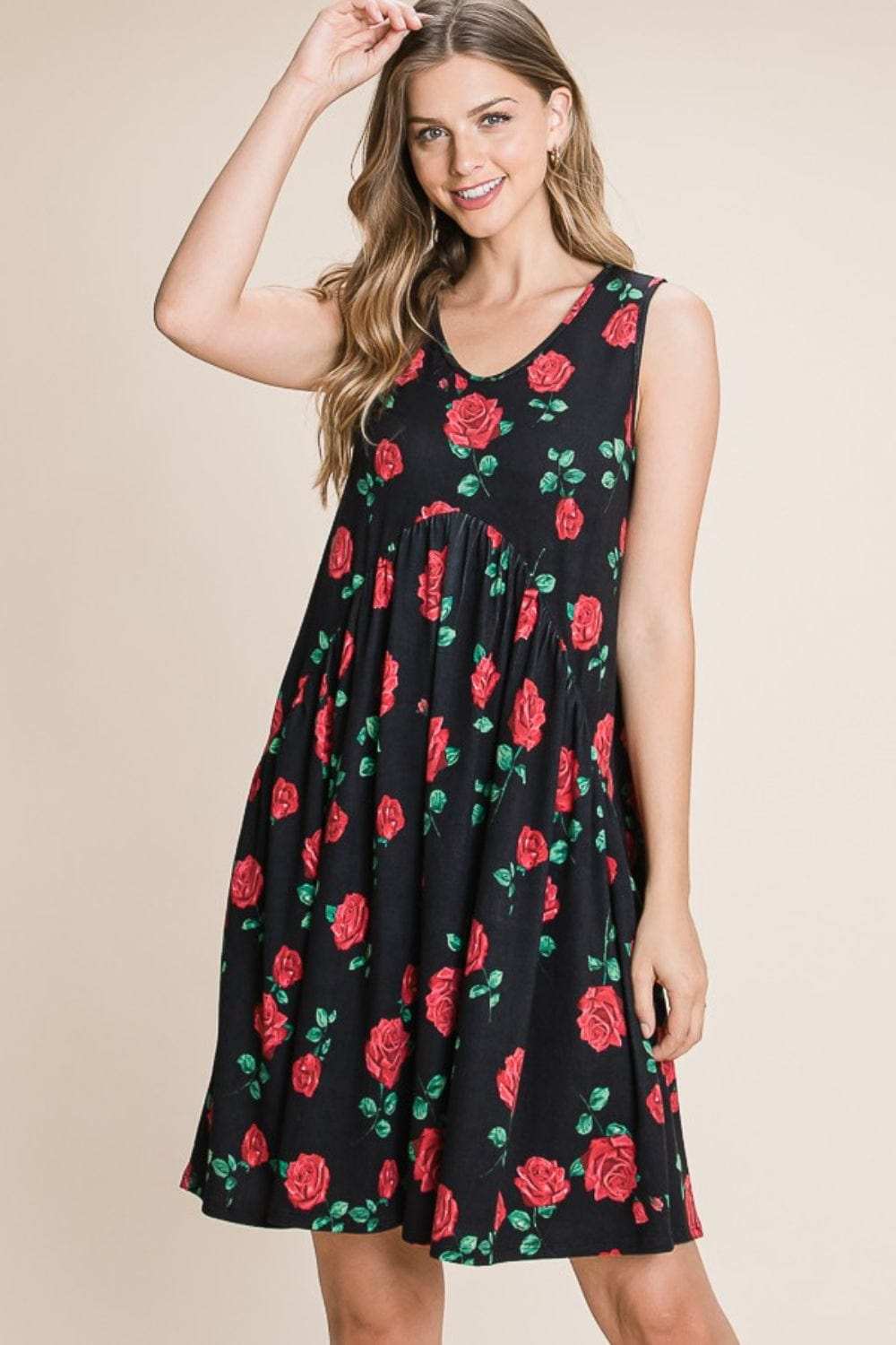 BOMBOM Floral Ruched Tank Dress - Trendsi - Flyclothing LLC
