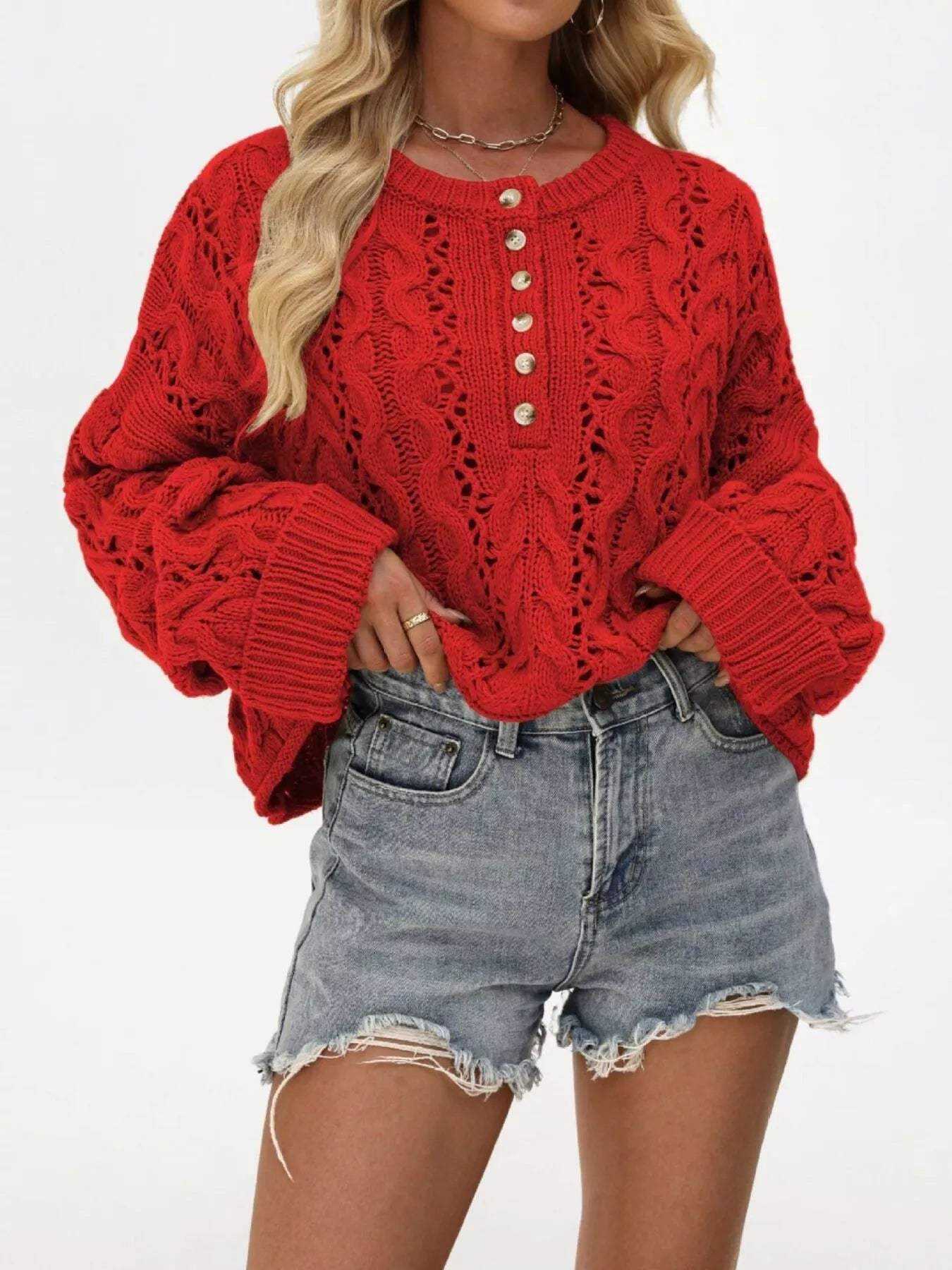 Chic Cable Knit Half-Button Openwork Sweater - Trendsi - Flyclothing LLC
