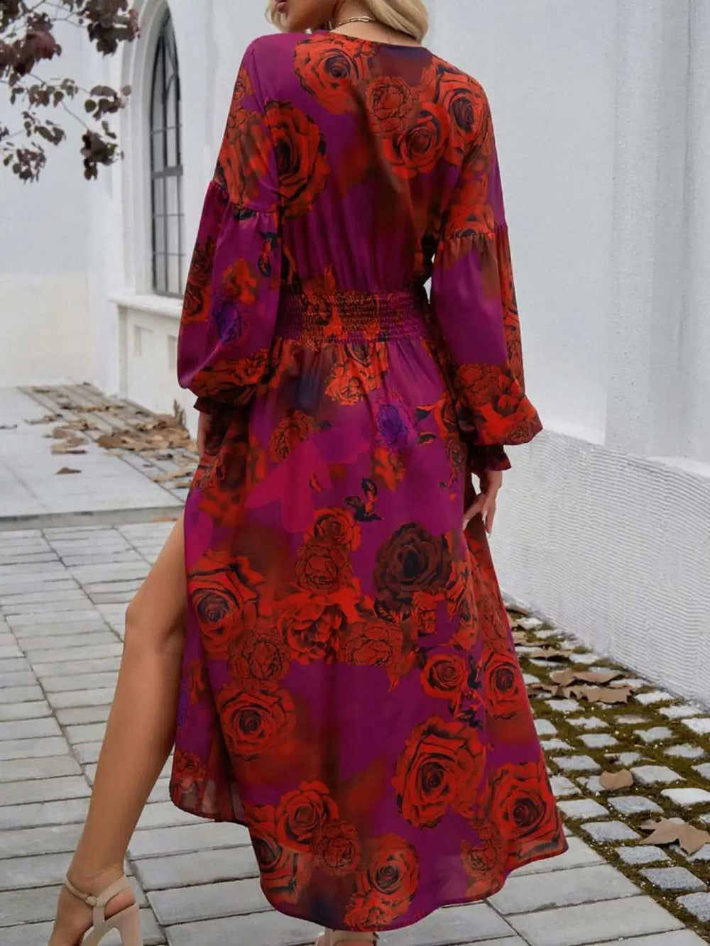 Split Printed Surplice Long Sleeve Midi Dress - Trendsi - Flyclothing LLC