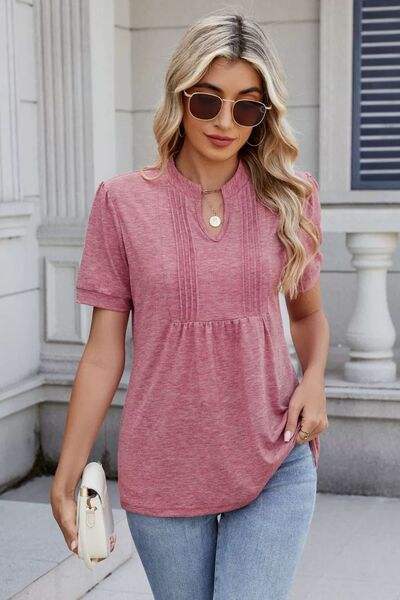 Notched Short Sleeve Solid Color Top - Trendsi - Flyclothing LLC