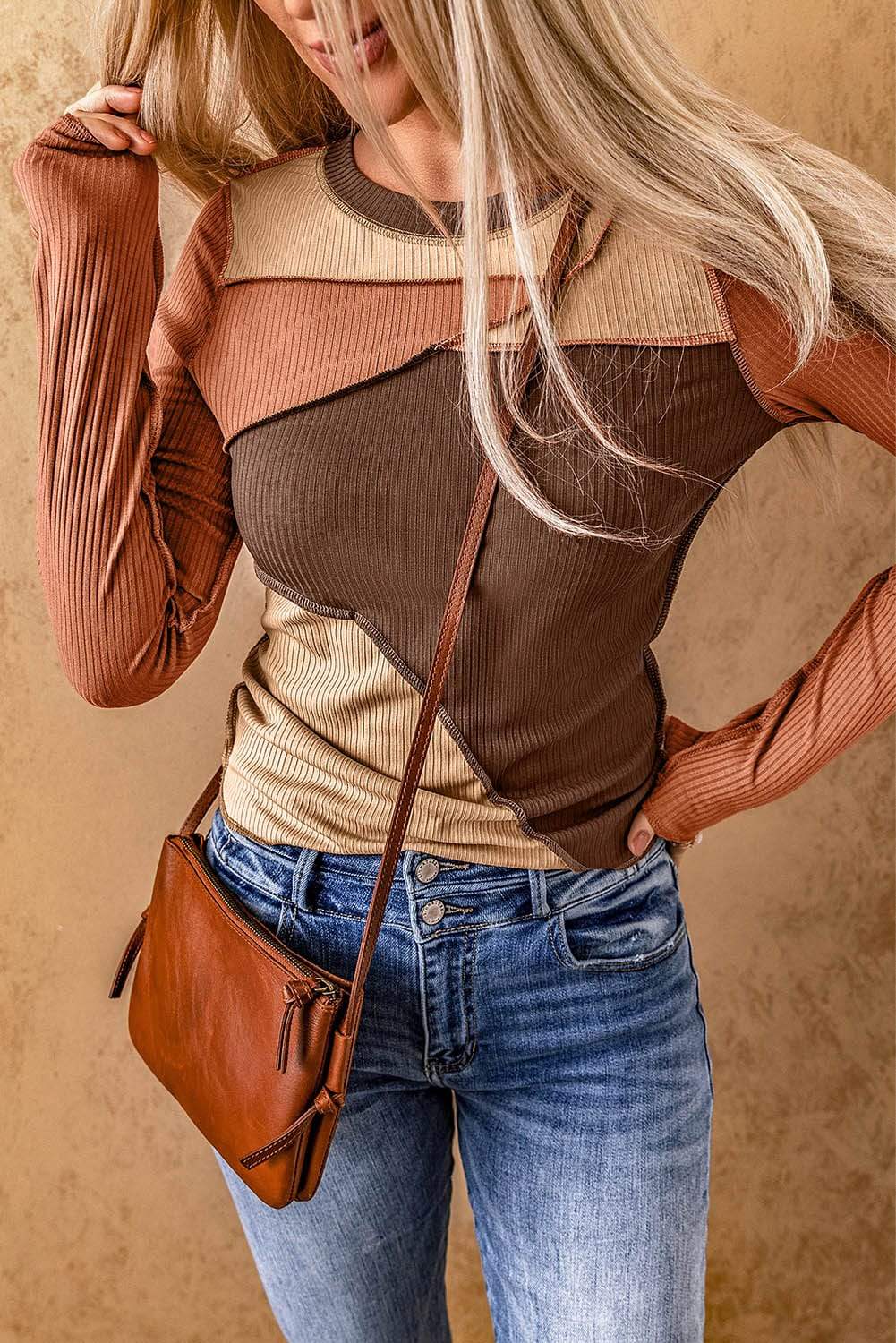Exposed Seam Contrast Round Neck Long Sleeve T-Shirt - Trendsi - Flyclothing LLC