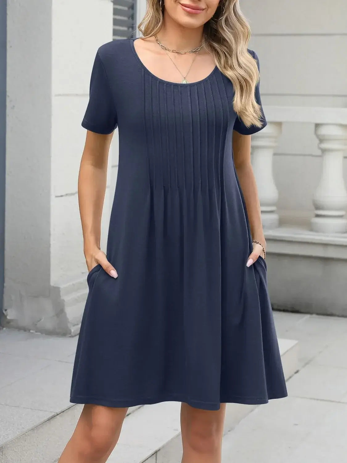 Pleated Front Round Neck Swing Dress - Trendsi - Flyclothing LLC