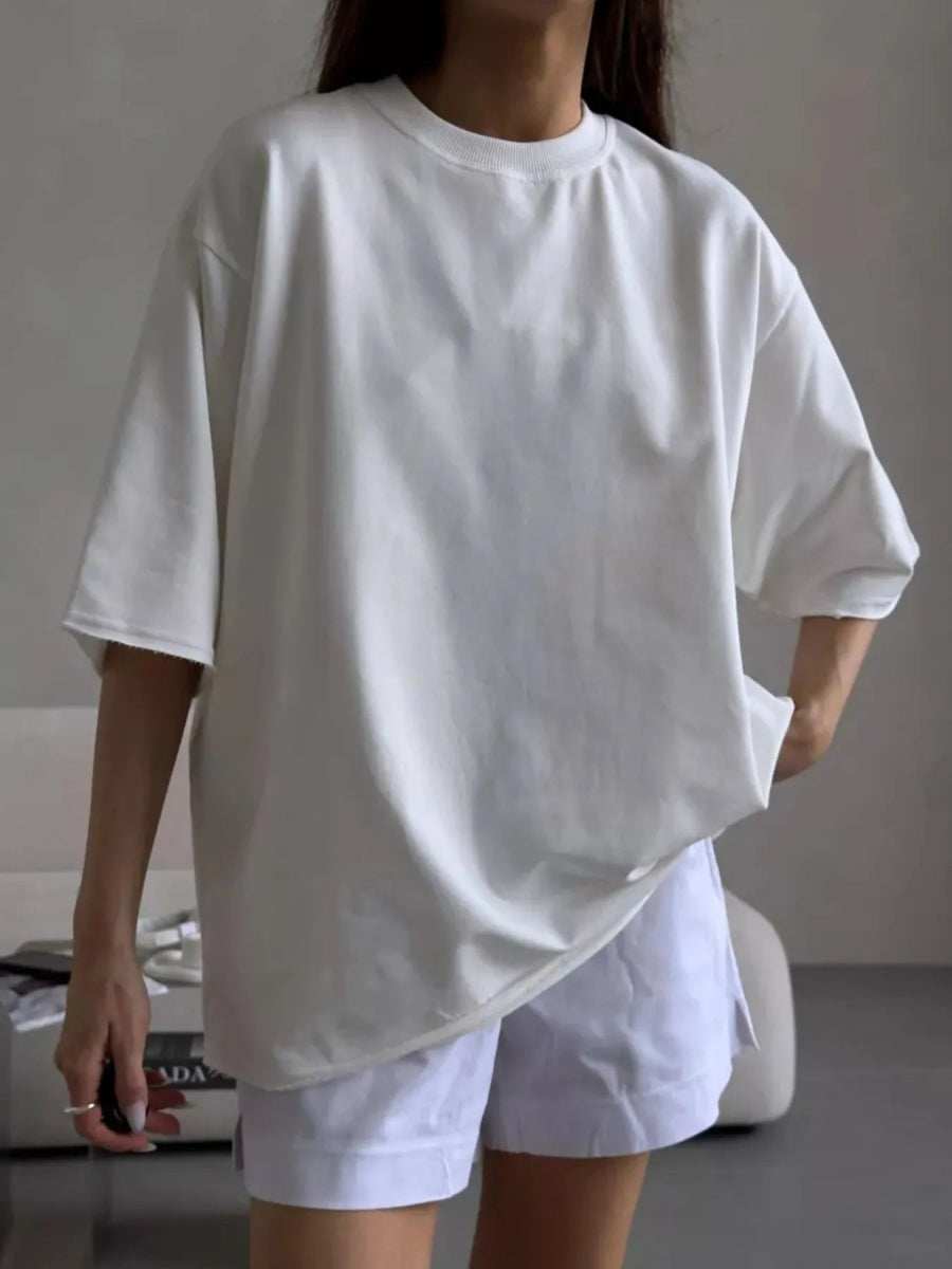 Round Neck Half Sleeve Oversized T-Shirt - Trendsi - Flyclothing LLC