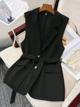 Tie Waist Lapel Collar Sleeveless Blazer - Trendsi - Flyclothing LLC
