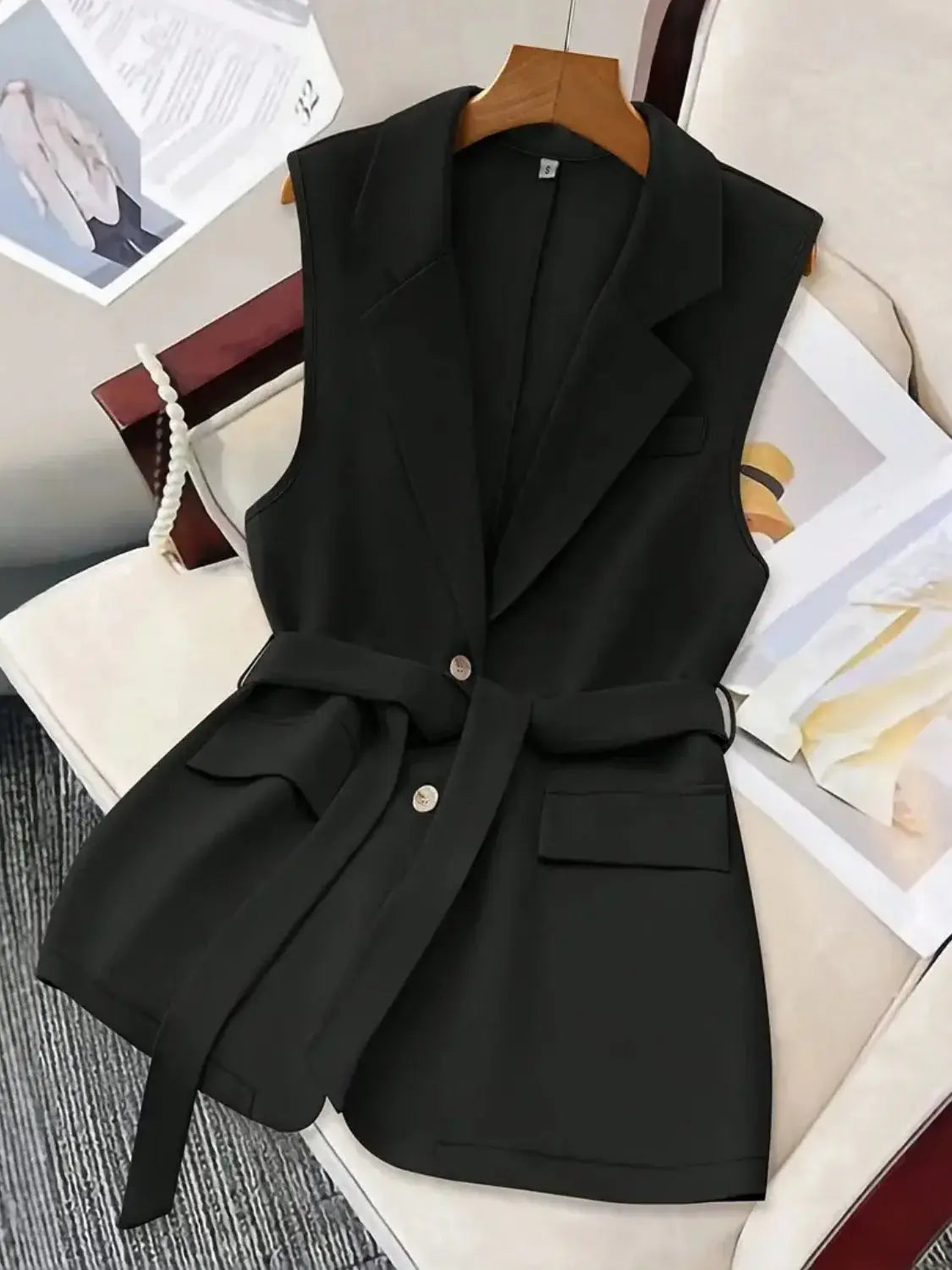 Tie Waist Lapel Collar Sleeveless Blazer - Trendsi - Flyclothing LLC