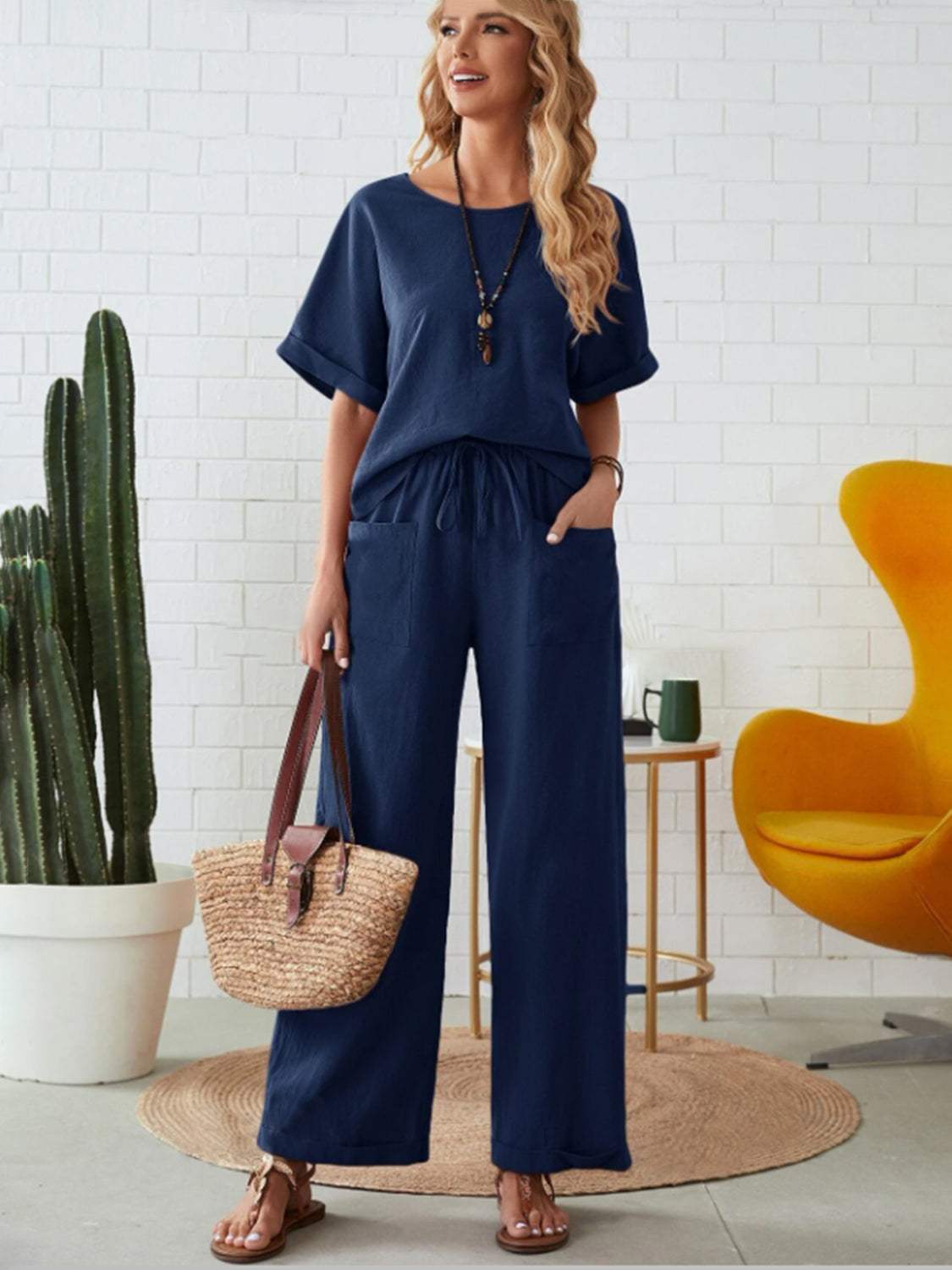 Round Neck Half Sleeve Top and Pocketed Pants Set - Trendsi - Flyclothing LLC