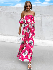 Pleated Floral Off-Shoulder Short Sleeve Midi Dress - Trendsi