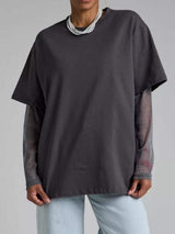 Faux Layered Round Neck Mesh Sleeve Top - Trendsi - Flyclothing LLC