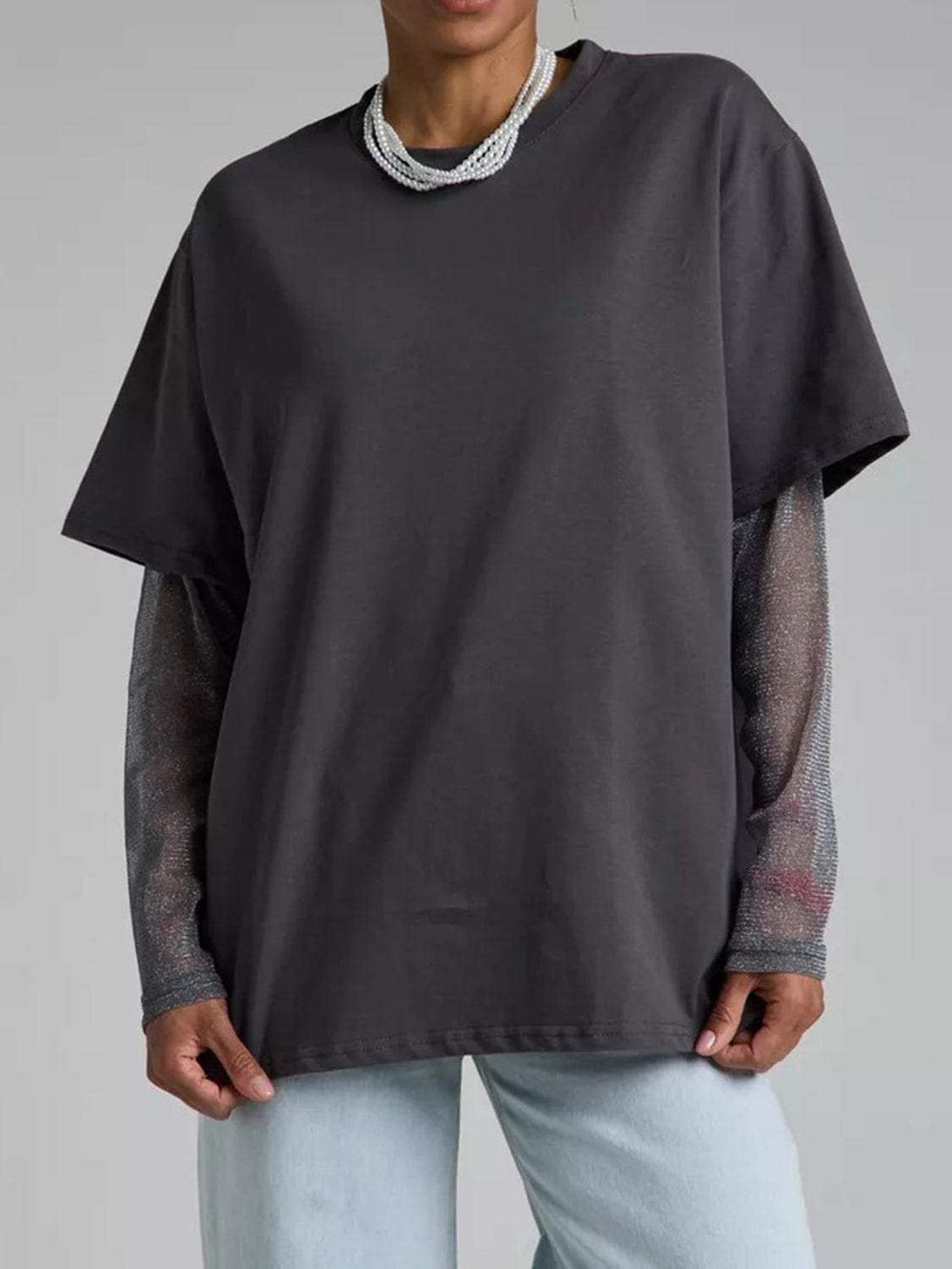 Faux Layered Round Neck Mesh Sleeve Top - Trendsi - Flyclothing LLC