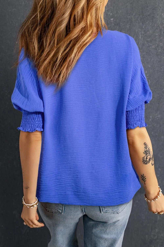 Smocked Johnny Collar Half Sleeve Blouse - Trendsi - Flyclothing LLC