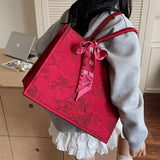 Floral Embossed Tote Handbag with Scarf Accent - Trendsi - Flyclothing LLC