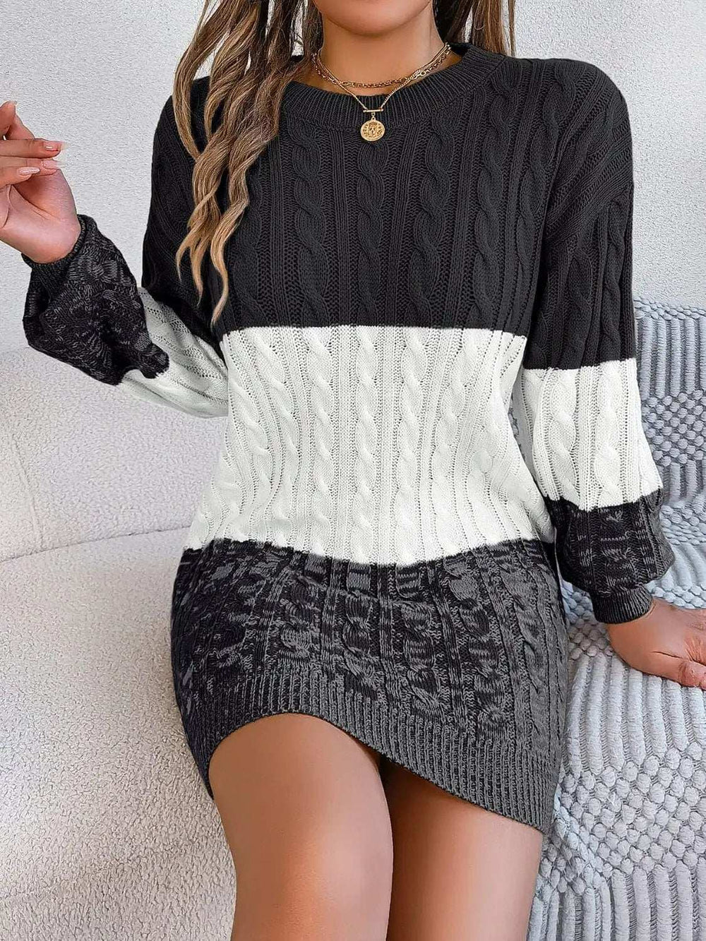 Cable-Knit Round Neck Color Block Sweater Dress - Trendsi - Flyclothing LLC