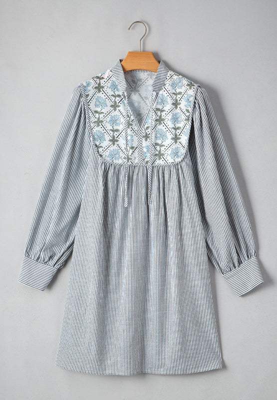 Tied Floral Printed Striped Long Sleeve Dress - Trendsi - Flyclothing LLC