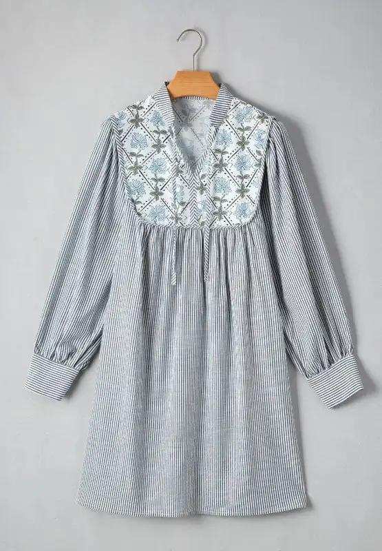Tied Floral Printed Striped Long Sleeve Dress - Trendsi - Flyclothing LLC