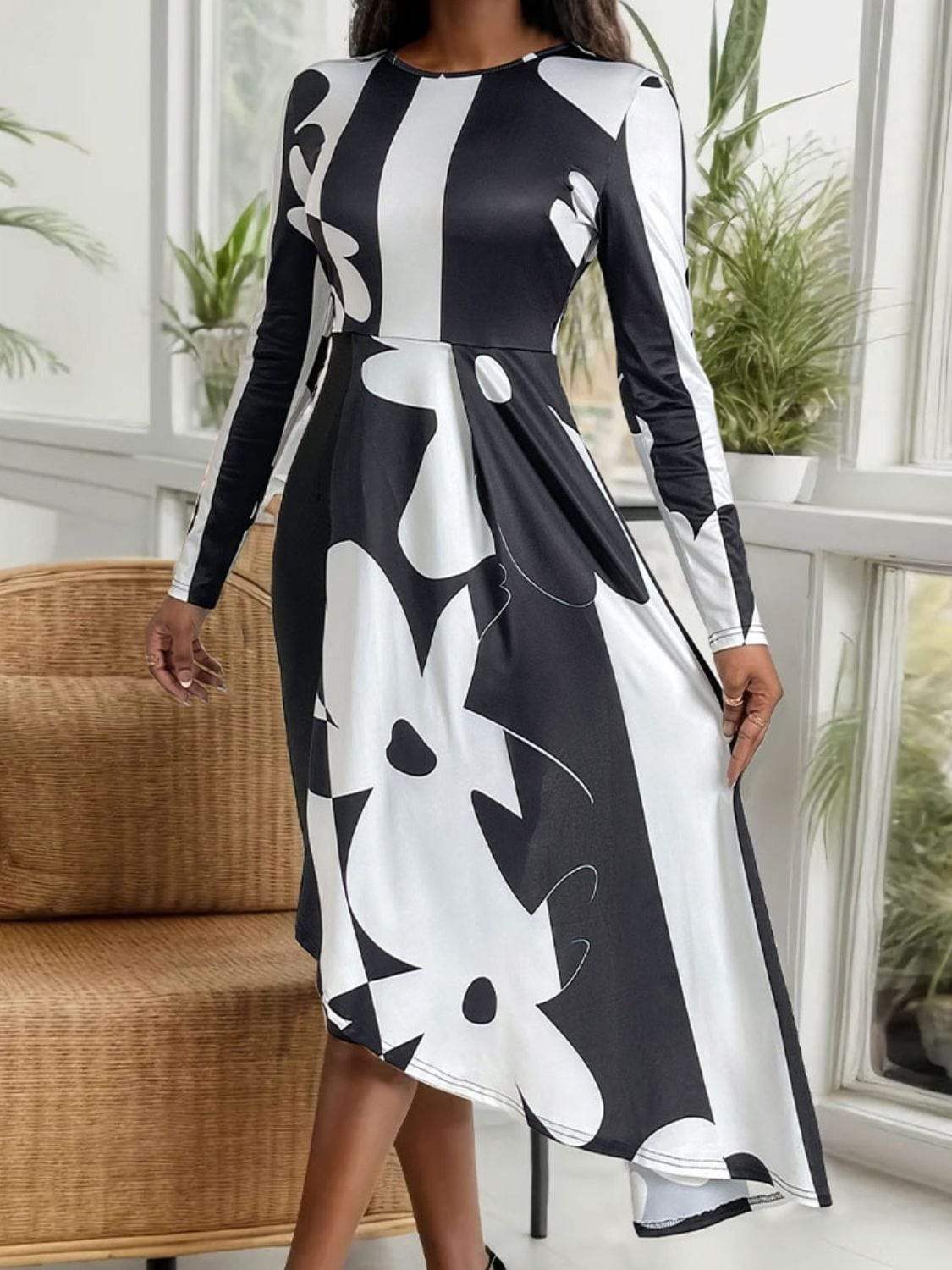 Asymmetrical Slit Round Neck Long Sleeve Midi Dress - Trendsi - Flyclothing LLC