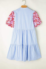 Embroidered Striped Notched Short Sleeve Dress - Trendsi - Flyclothing LLC