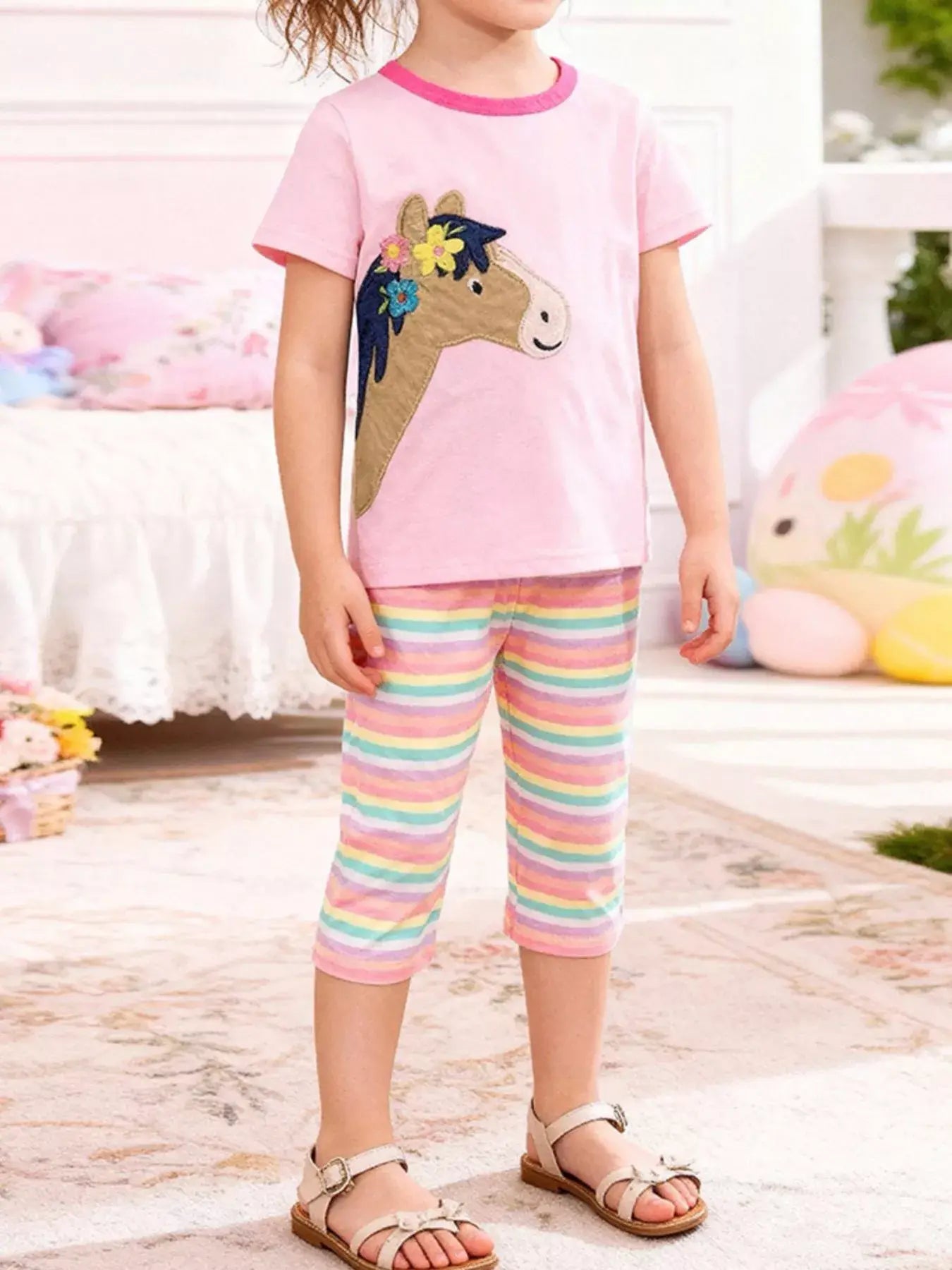 Children's Horse Applique Top & Rainbow Striped Pants Set - Trendsi - Flyclothing LLC