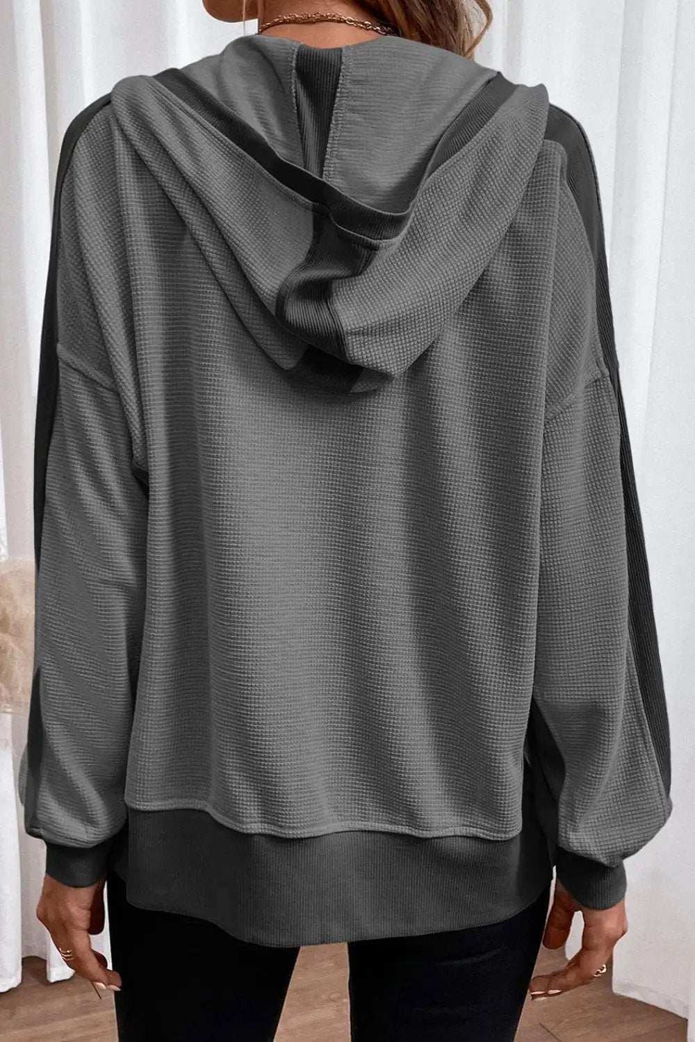 Waffle-Knit Pocketed Zip Up Hooded Jacket - Trendsi - Flyclothing LLC