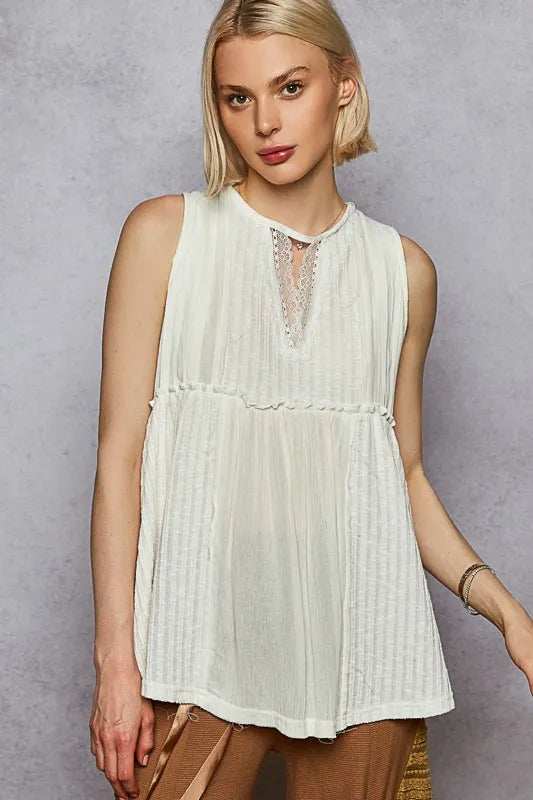 POL Lace Trim Round Neck Tank with Pintuck Detail - Trendsi - Flyclothing LLC