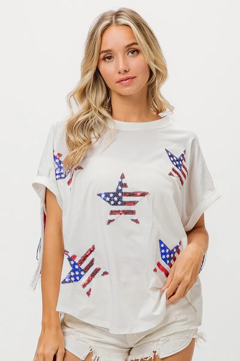 BiBi American Flag Sequin Star Fringe Top - Trendsi