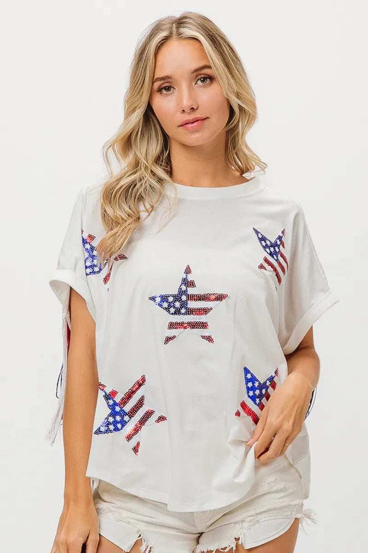BiBi American Flag Sequin Star Fringe Top - Trendsi - Flyclothing LLC