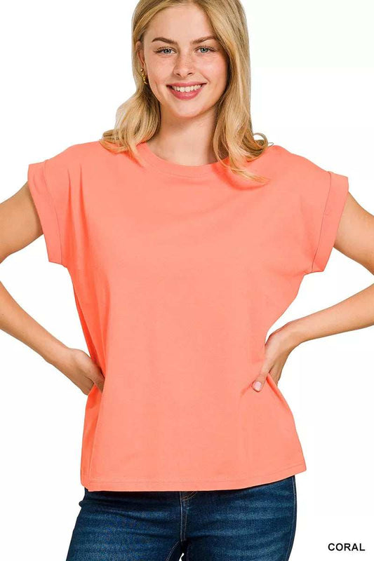 Zenana Round Neck Folded Short Sleeve T-Shirt - Trendsi - Flyclothing LLC