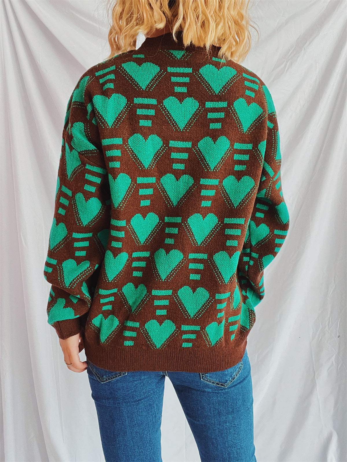 Heart Contrast Long Sleeve Dropped Shoulder Sweater - Trendsi - Flyclothing LLC