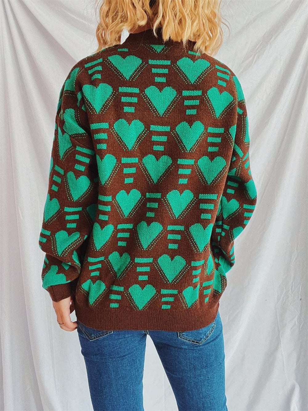 Heart Contrast Long Sleeve Dropped Shoulder Sweater - Trendsi - Flyclothing LLC