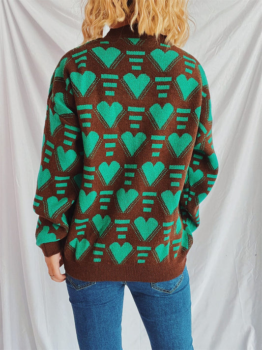 Heart Contrast Long Sleeve Dropped Shoulder Sweater - Trendsi