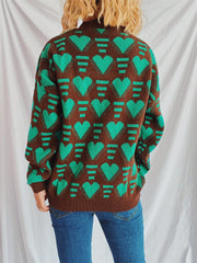 Heart Contrast Long Sleeve Dropped Shoulder Sweater - Trendsi