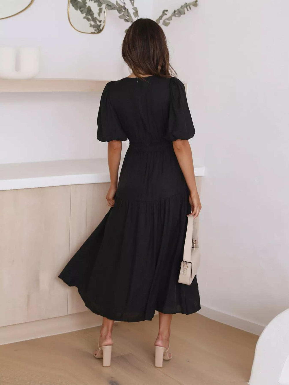Tiered Puff Sleeve Midi Dress - Trendsi - Flyclothing LLC