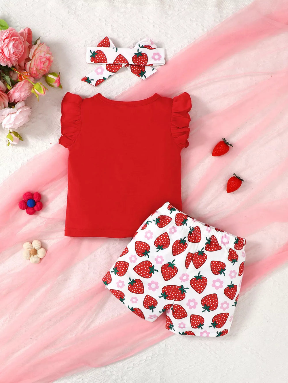 Children's Strawberry Print Ruffle Sleeve Top and Shorts Set - Trendsi - Flyclothing LLC