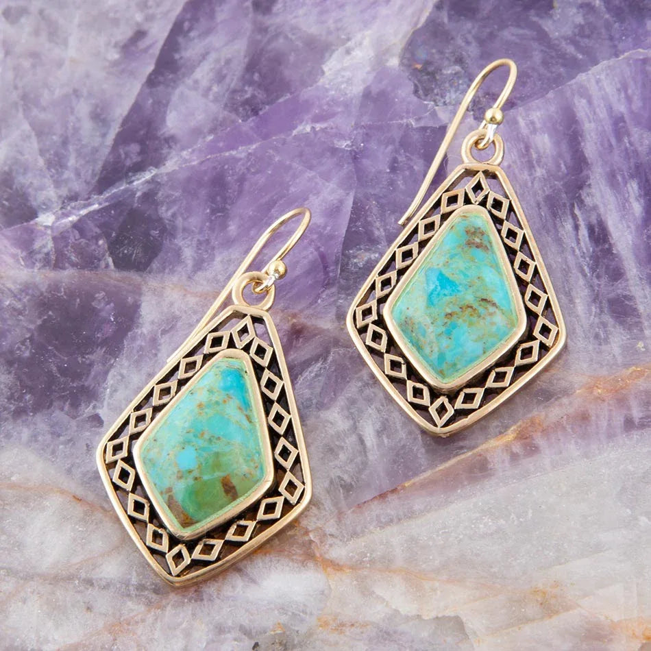 Dimond Blue Turquoise Stone Golden Drop Earrings - Barse Jewelry - Flyclothing LLC