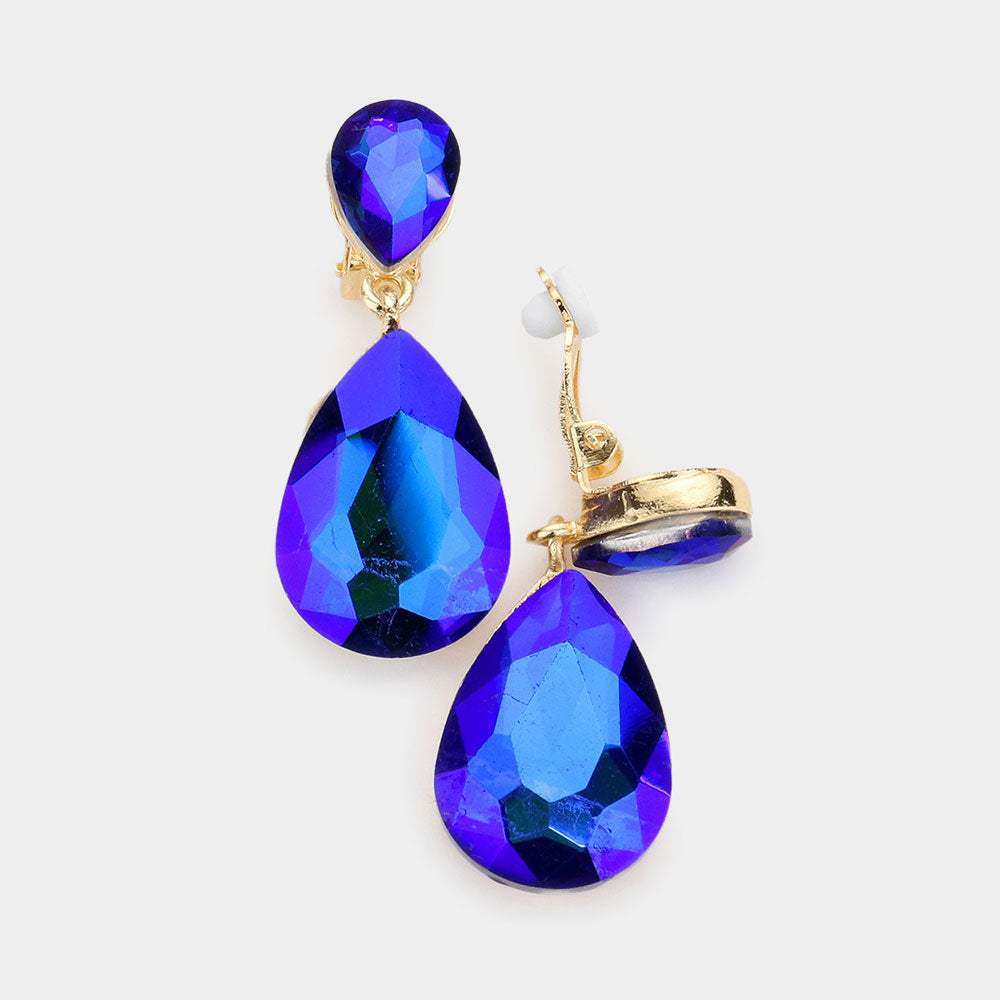 Double Teardrop Stone Link Clip on Evening Earrings - Madeline Love - Flyclothing LLC