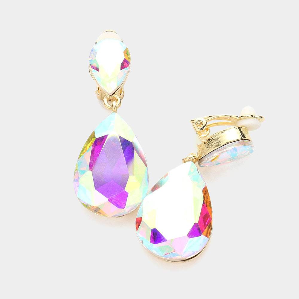 Double Teardrop Stone Link Clip on Evening Earrings - Madeline Love - Flyclothing LLC