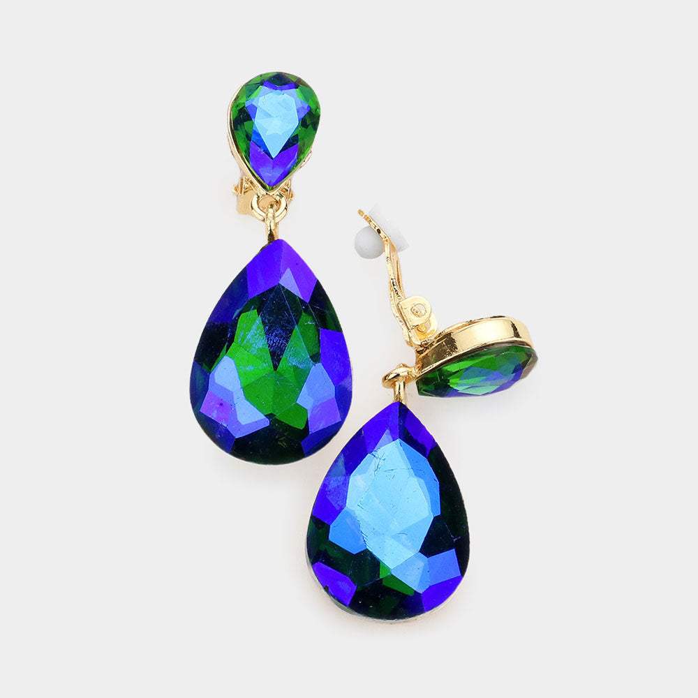 Double Teardrop Stone Link Clip on Evening Earrings - Madeline Love - Flyclothing LLC