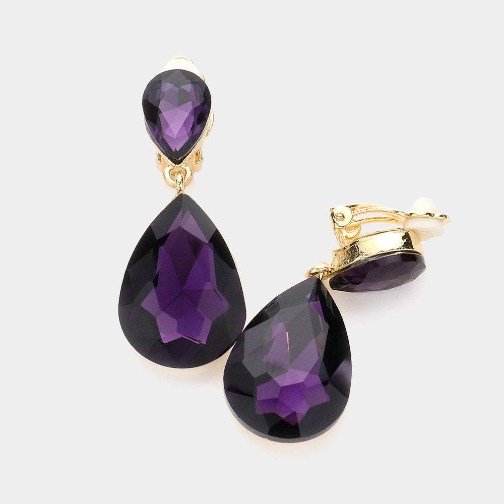Double Teardrop Stone Link Clip on Evening Earrings - Madeline Love - Flyclothing LLC