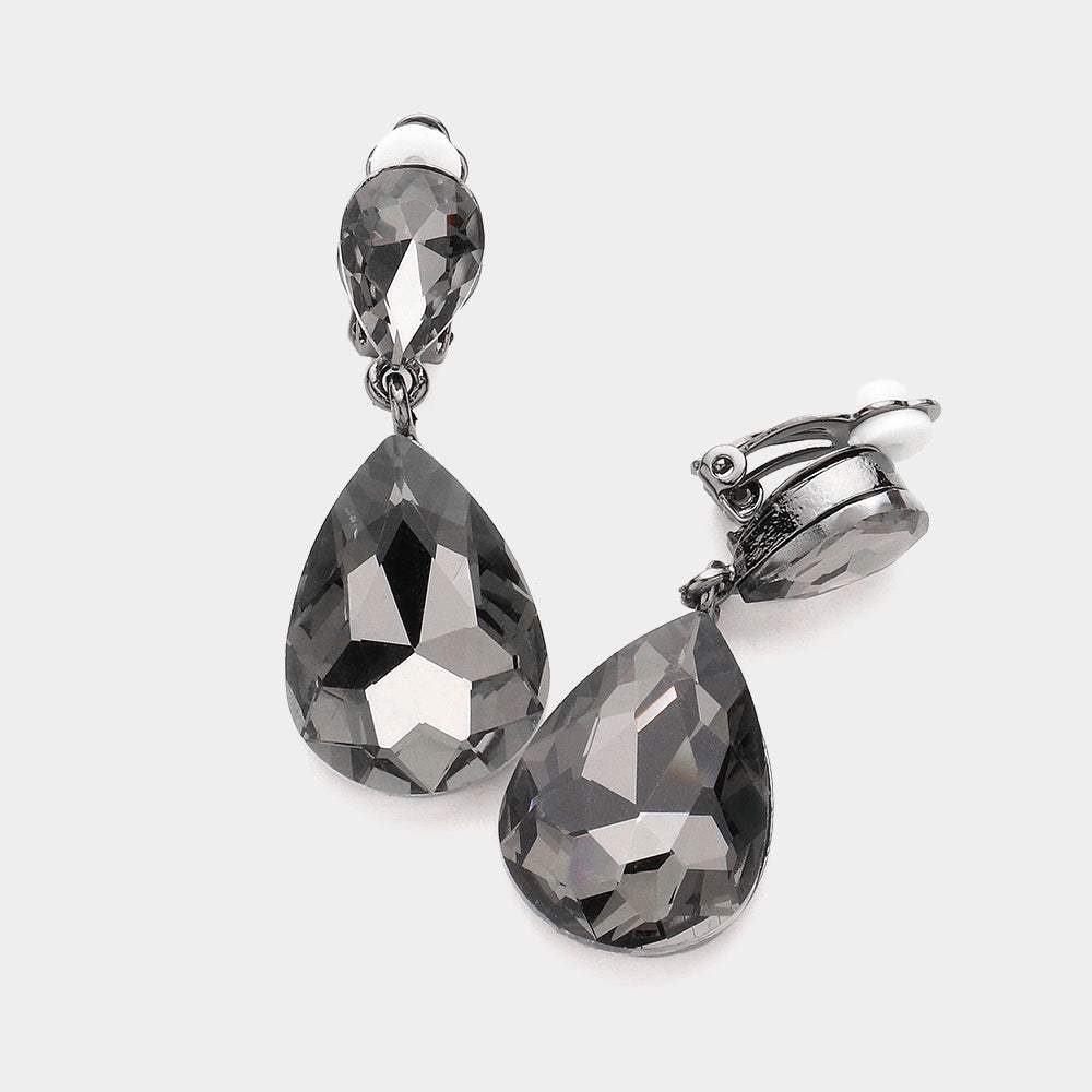 Double Teardrop Stone Link Clip on Evening Earrings - Madeline Love - Flyclothing LLC