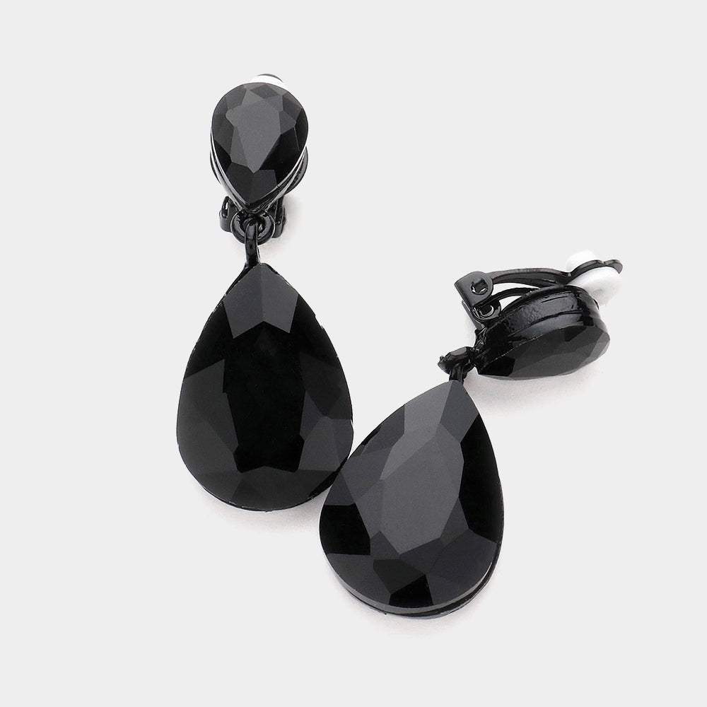 Double Teardrop Stone Link Clip on Evening Earrings - Madeline Love - Flyclothing LLC