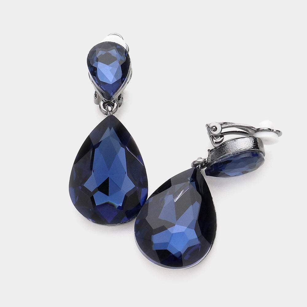 Double Teardrop Stone Link Clip on Evening Earrings - Madeline Love - Flyclothing LLC