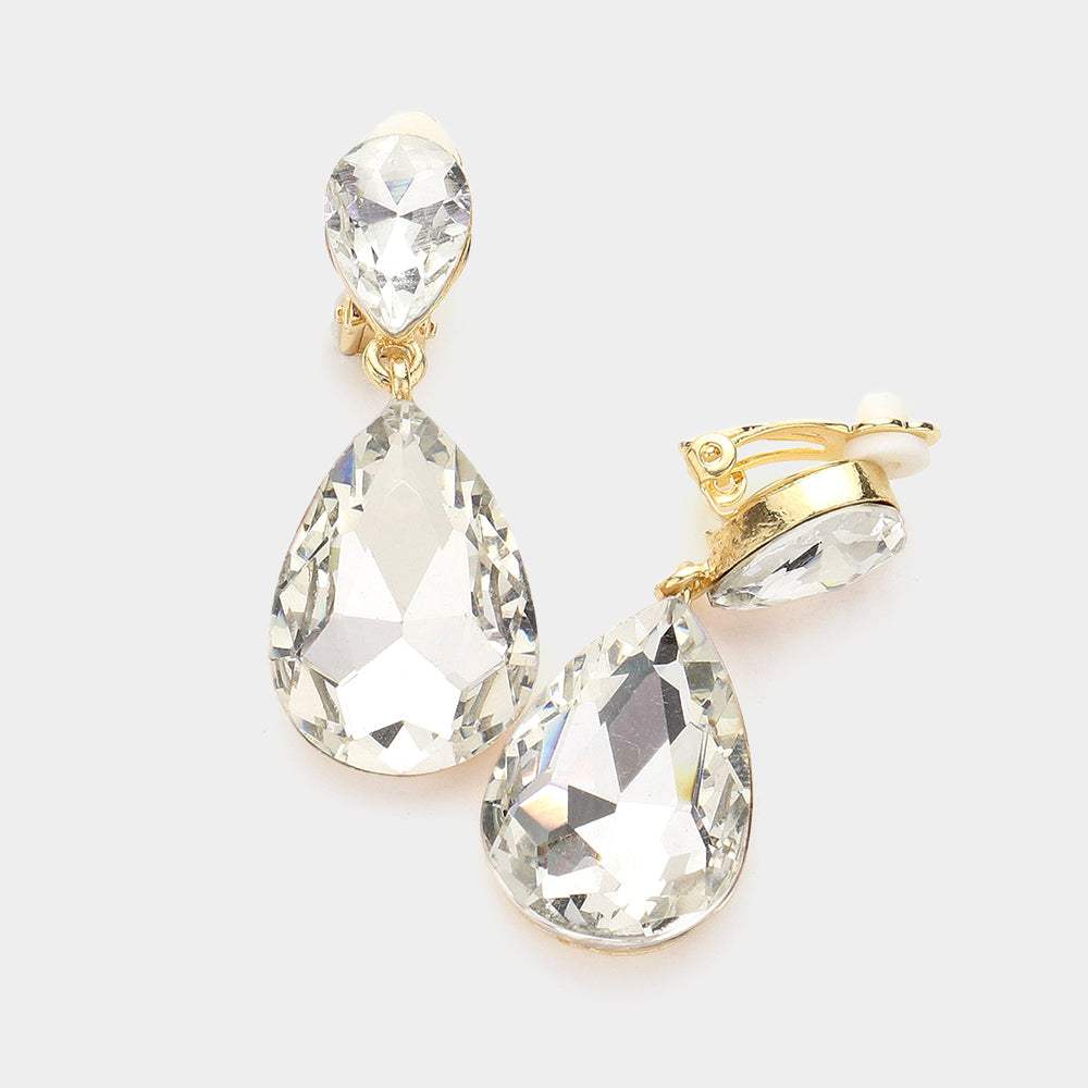 Double Teardrop Stone Link Clip on Evening Earrings - Madeline Love - Flyclothing LLC