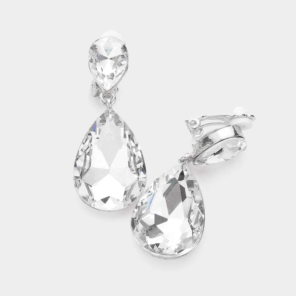 Double Teardrop Stone Link Clip on Evening Earrings - Madeline Love - Flyclothing LLC